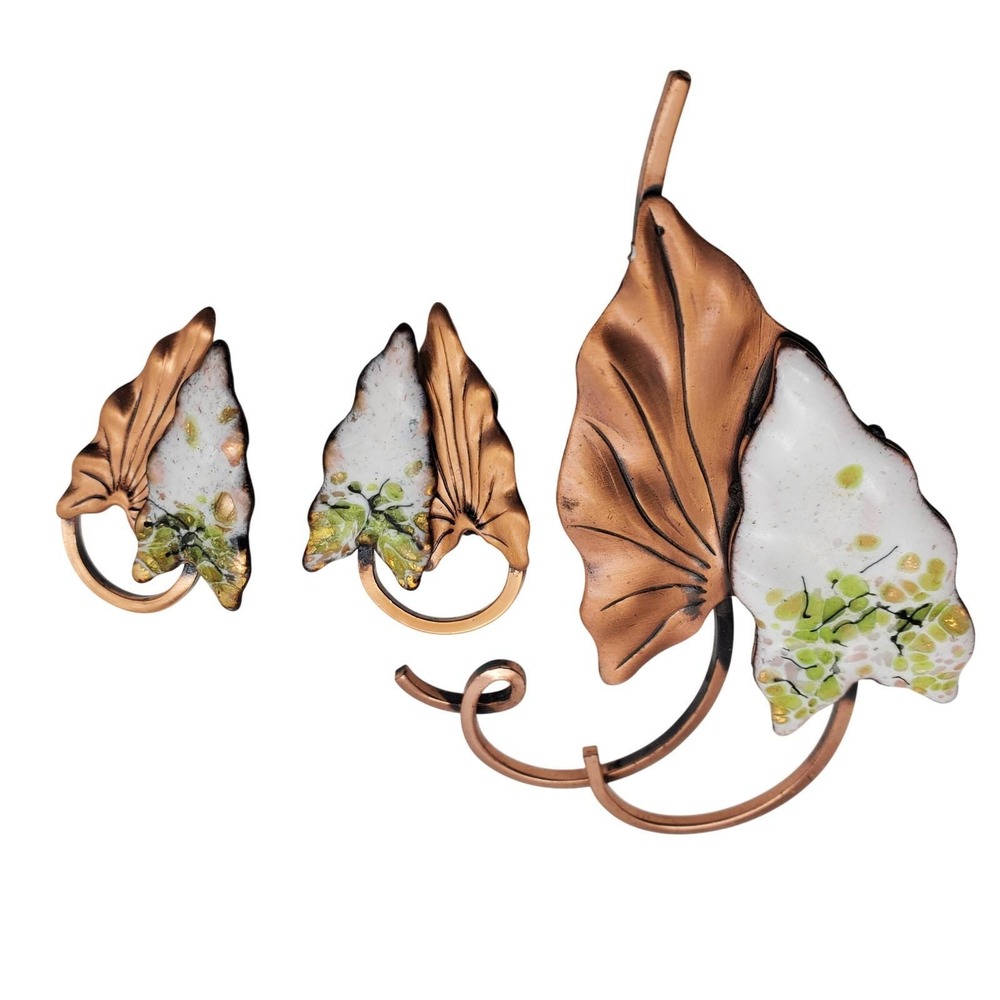 Hawaii Copper Brooch Clip Earrings Matisse Renoir Enamel Leaf Modernist Tropical
